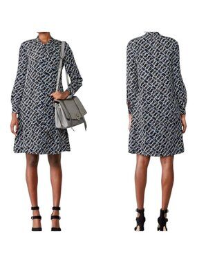 LK Bennett Dress Women 4 Black Blue Silk Domino Tie Neck Lotte‎ Mini Shirt Dress